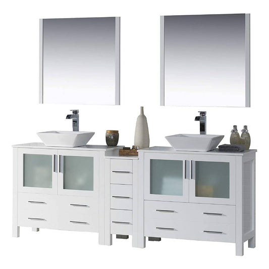 Blossom Sydney 84" White Freestanding Vanity Set With Ceramic Double Vessel Sinks and Mirror