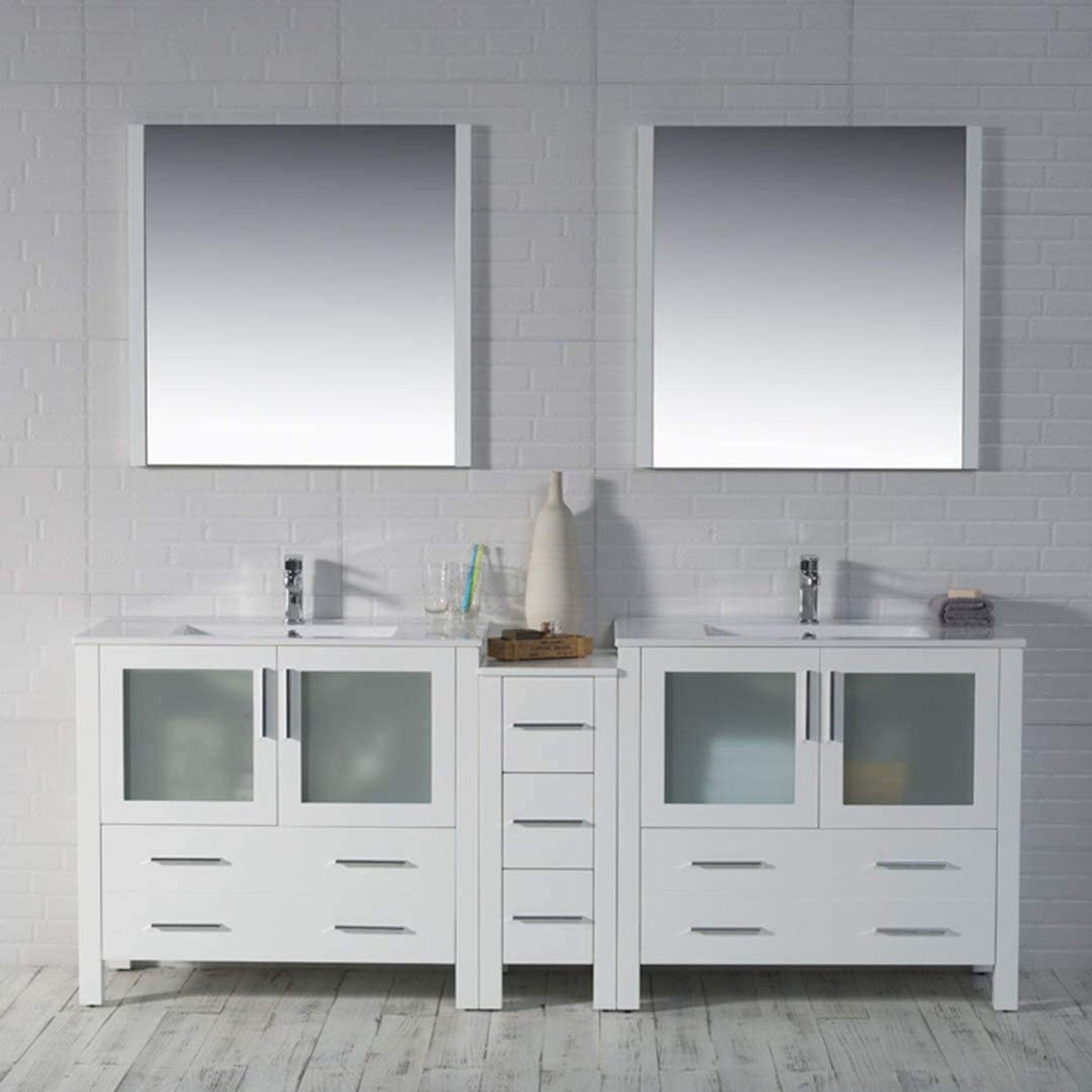 Blossom Sydney 84" White Freestanding Vanity Set With Ceramic Top, Integrated Double Sinks and Mirror