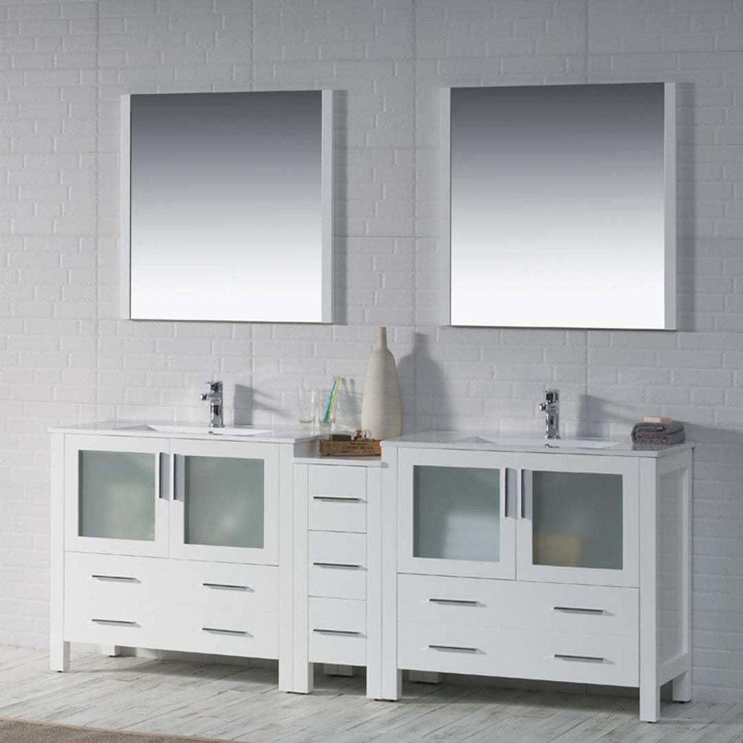 Blossom Sydney 84" White Freestanding Vanity Set With Ceramic Top, Integrated Double Sinks and Mirror