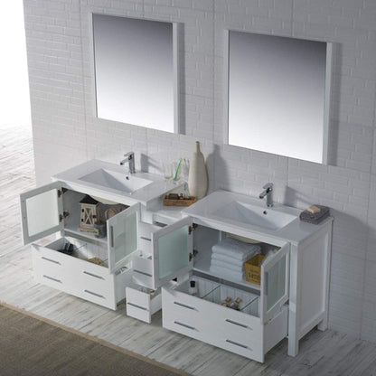Blossom Sydney 84" White Freestanding Vanity Set With Ceramic Top, Integrated Double Sinks and Mirror