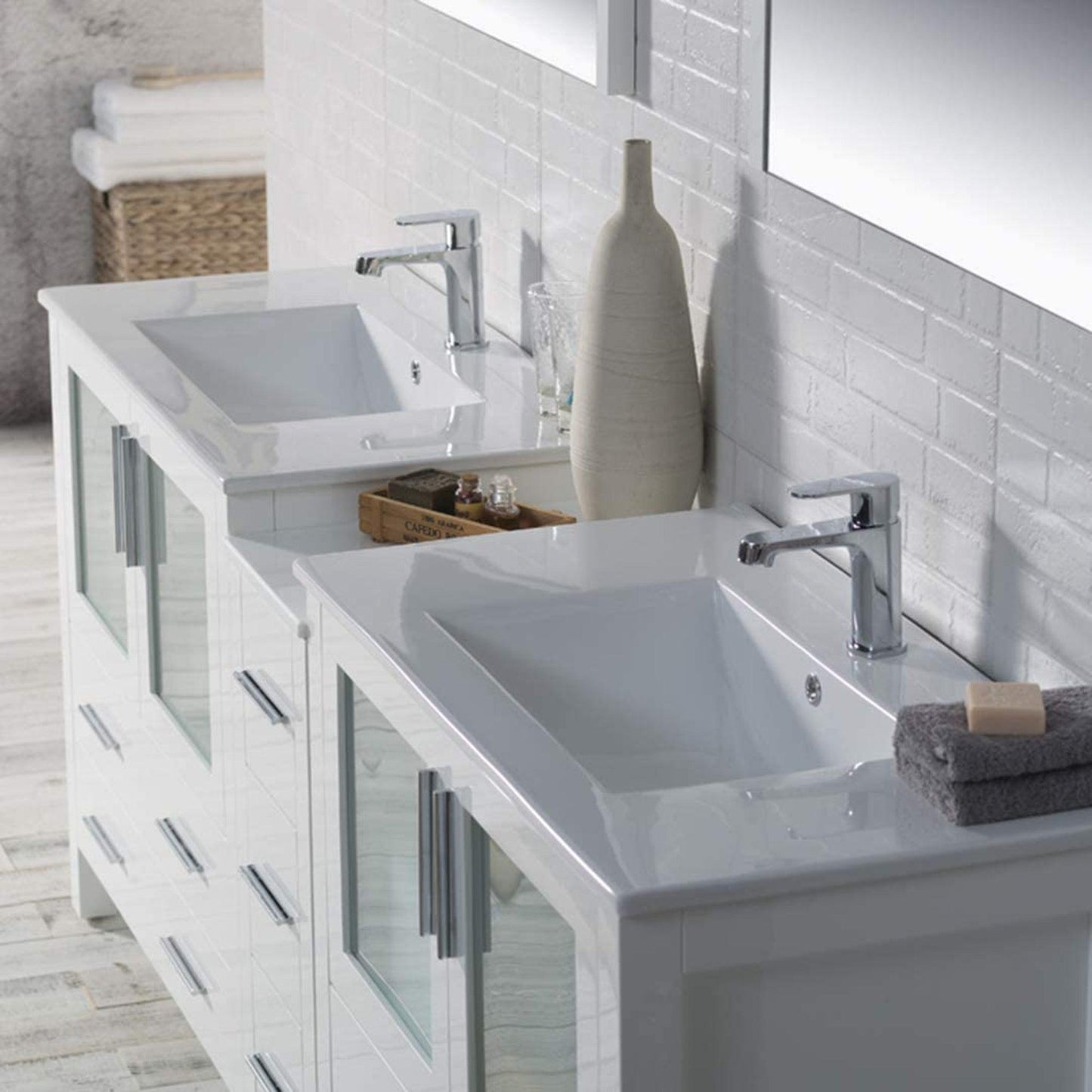 Blossom Sydney 84" White Freestanding Vanity Set With Ceramic Top, Integrated Double Sinks and Mirror