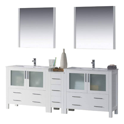 Blossom Sydney 84" White Freestanding Vanity Set With Ceramic Top, Integrated Double Sinks and Mirror