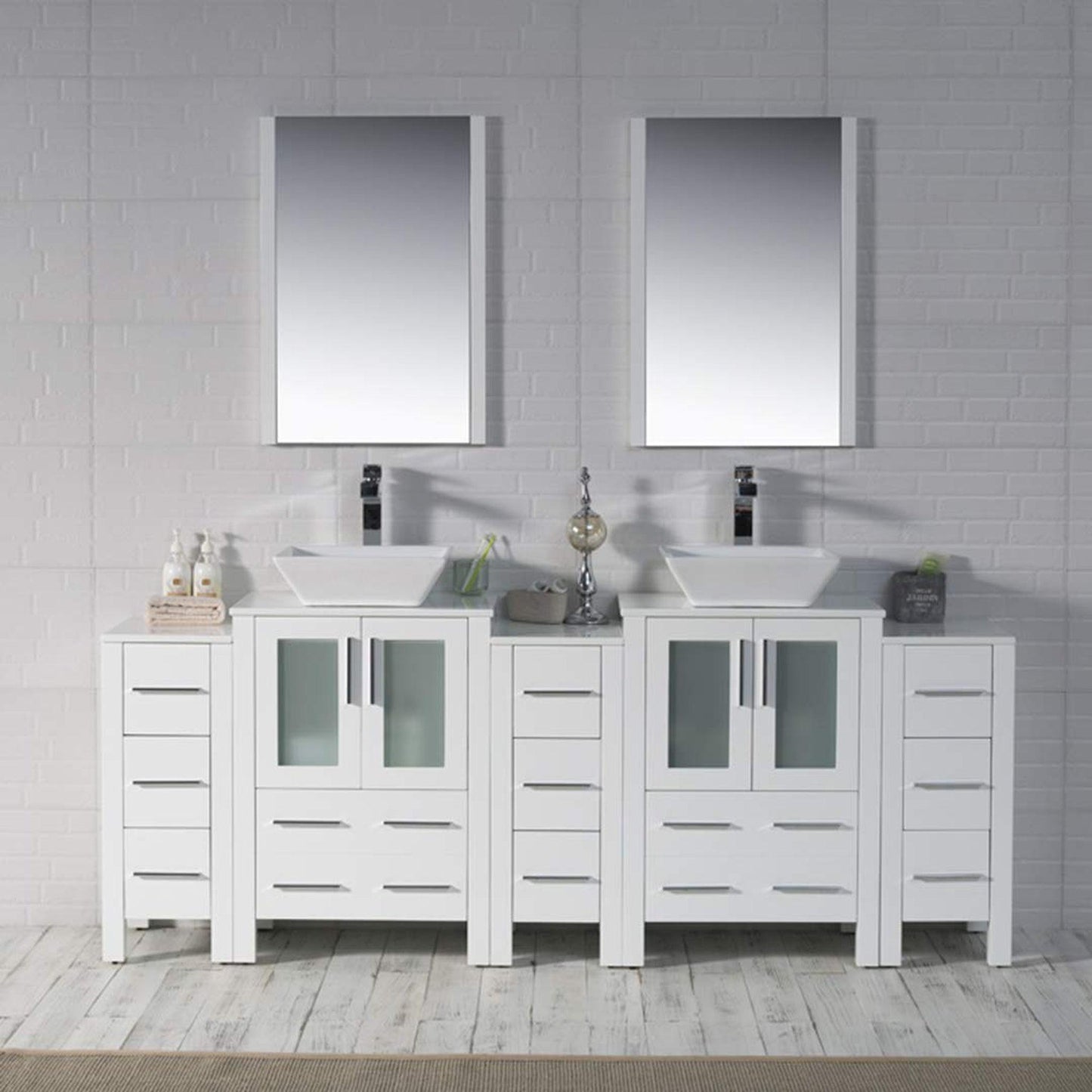 Blossom Sydney 84" White Freestanding Vanity With Ceramic Double Vessel Sinks, Mirror and Three Side Cabinet