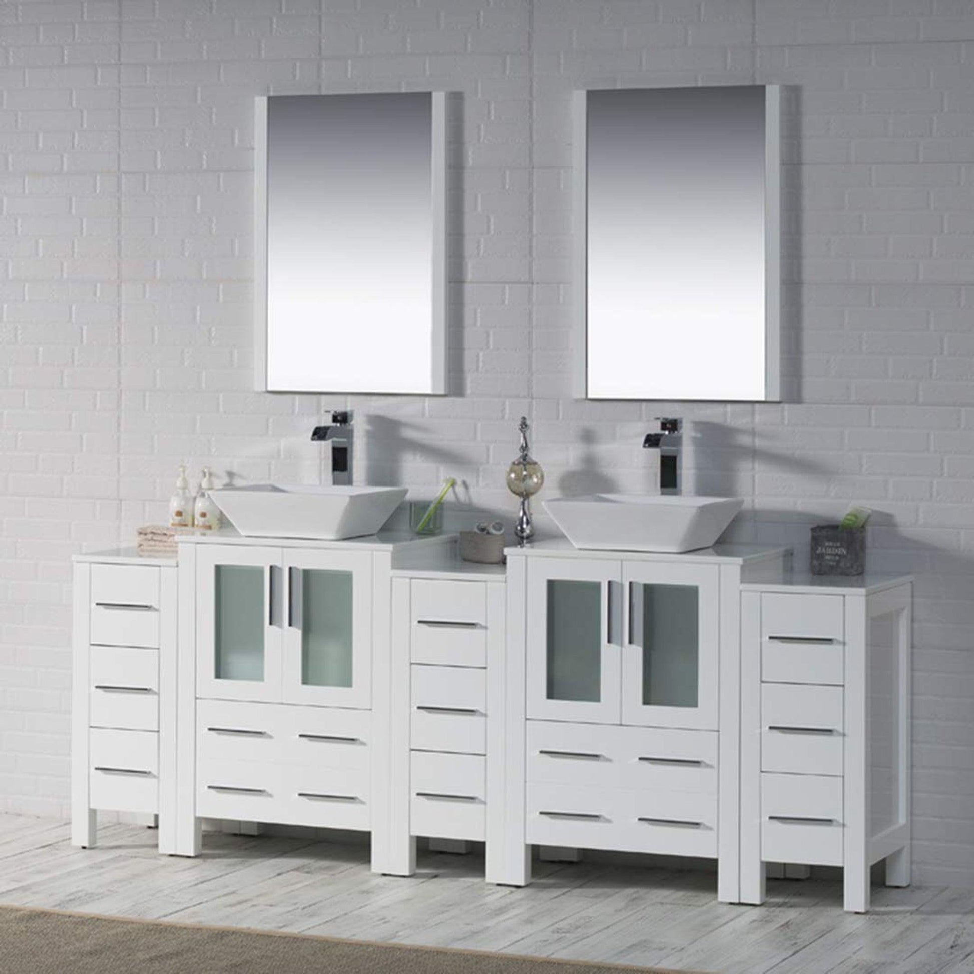 Blossom Sydney 84" White Freestanding Vanity With Ceramic Double Vessel Sinks, Mirror and Three Side Cabinet
