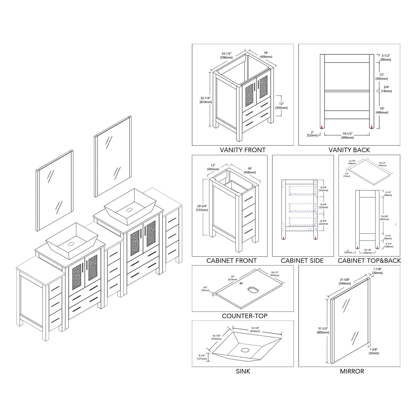 Blossom Sydney 84" White Freestanding Vanity With Ceramic Double Vessel Sinks, Mirror and Three Side Cabinet