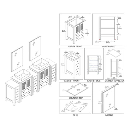Blossom Sydney 84" White Freestanding Vanity With Ceramic Double Vessel Sinks, Mirror and Three Side Cabinet