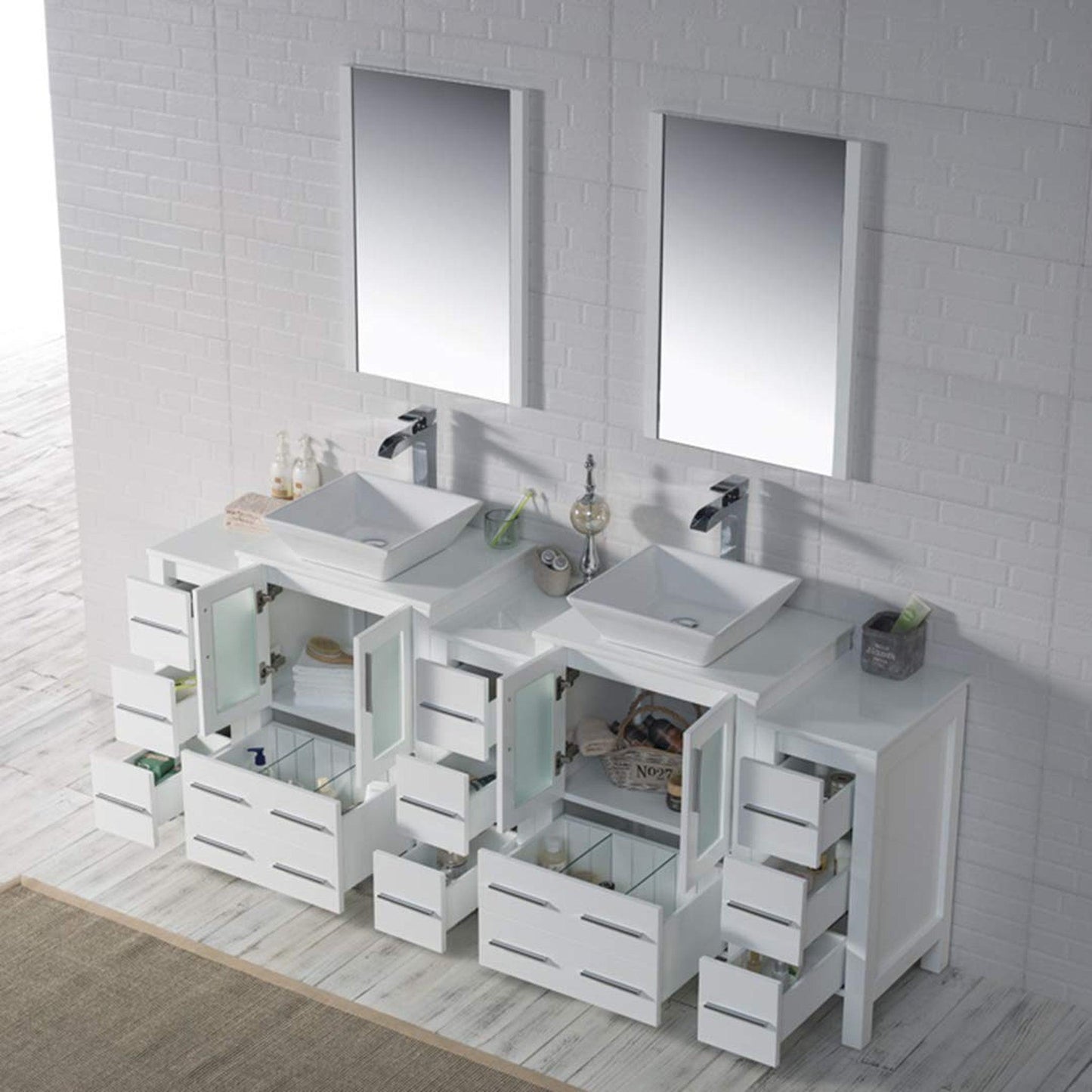 Blossom Sydney 84" White Freestanding Vanity With Ceramic Double Vessel Sinks, Mirror and Three Side Cabinet
