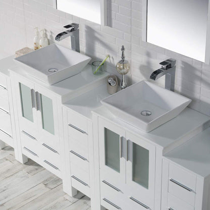Blossom Sydney 84" White Freestanding Vanity With Ceramic Double Vessel Sinks, Mirror and Three Side Cabinet