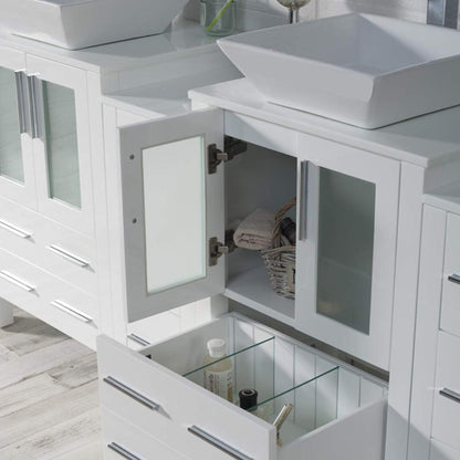 Blossom Sydney 84" White Freestanding Vanity With Ceramic Double Vessel Sinks, Mirror and Three Side Cabinet