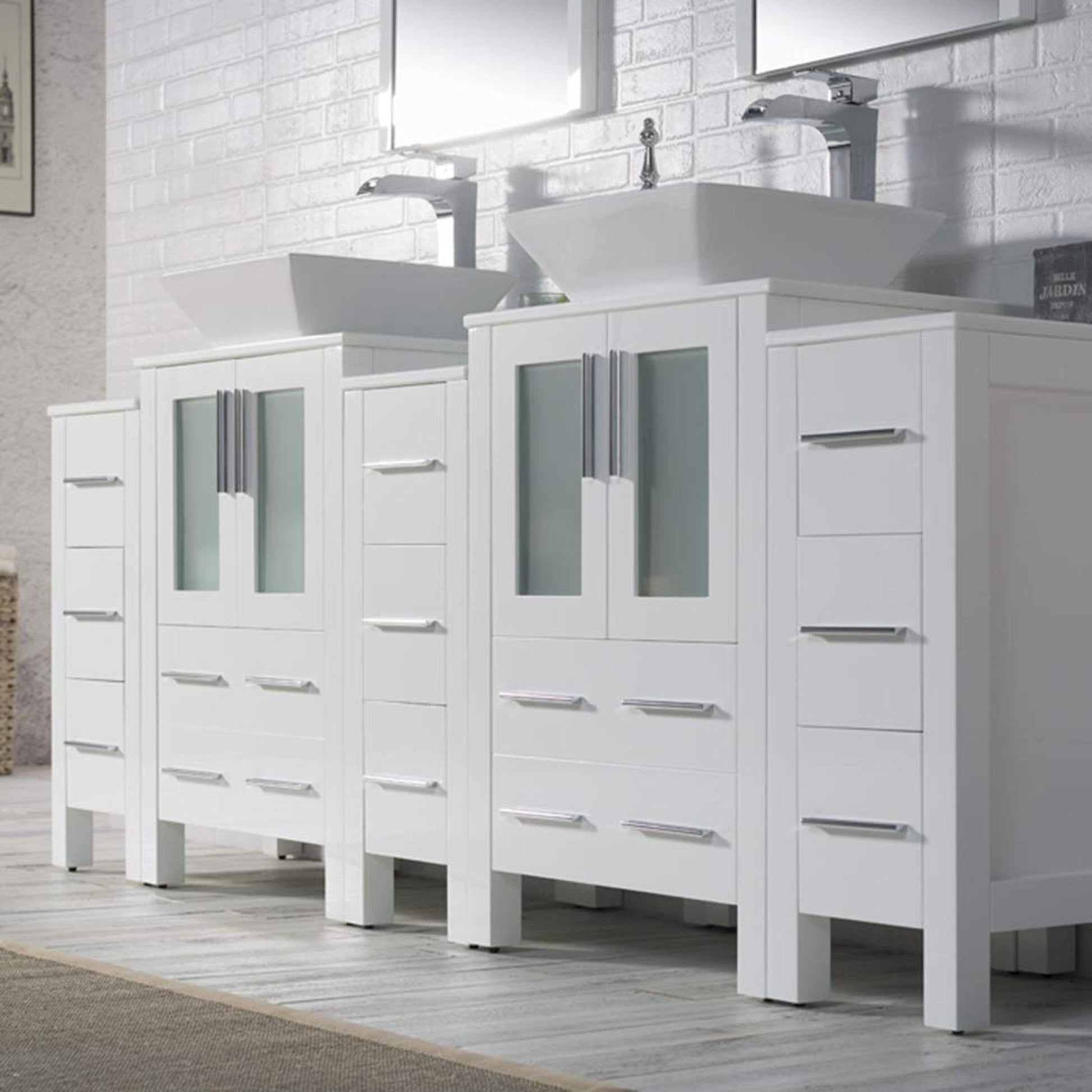 Blossom Sydney 84" White Freestanding Vanity With Ceramic Double Vessel Sinks, Mirror and Three Side Cabinet