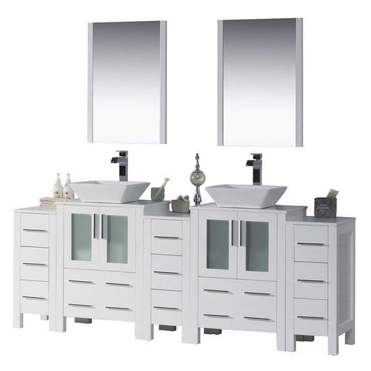 Blossom Sydney 84" White Freestanding Vanity With Ceramic Double Vessel Sinks, Mirror and Three Side Cabinet