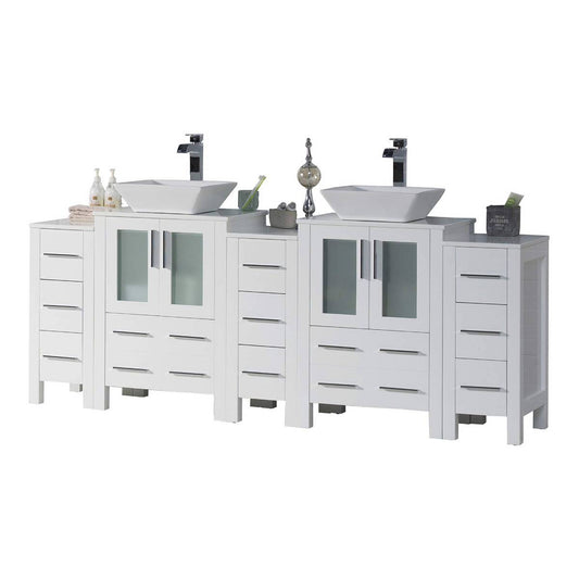 Blossom Sydney 84" White Freestanding Vanity With Ceramic Double Vessel Sinks and Three Side Cabinet