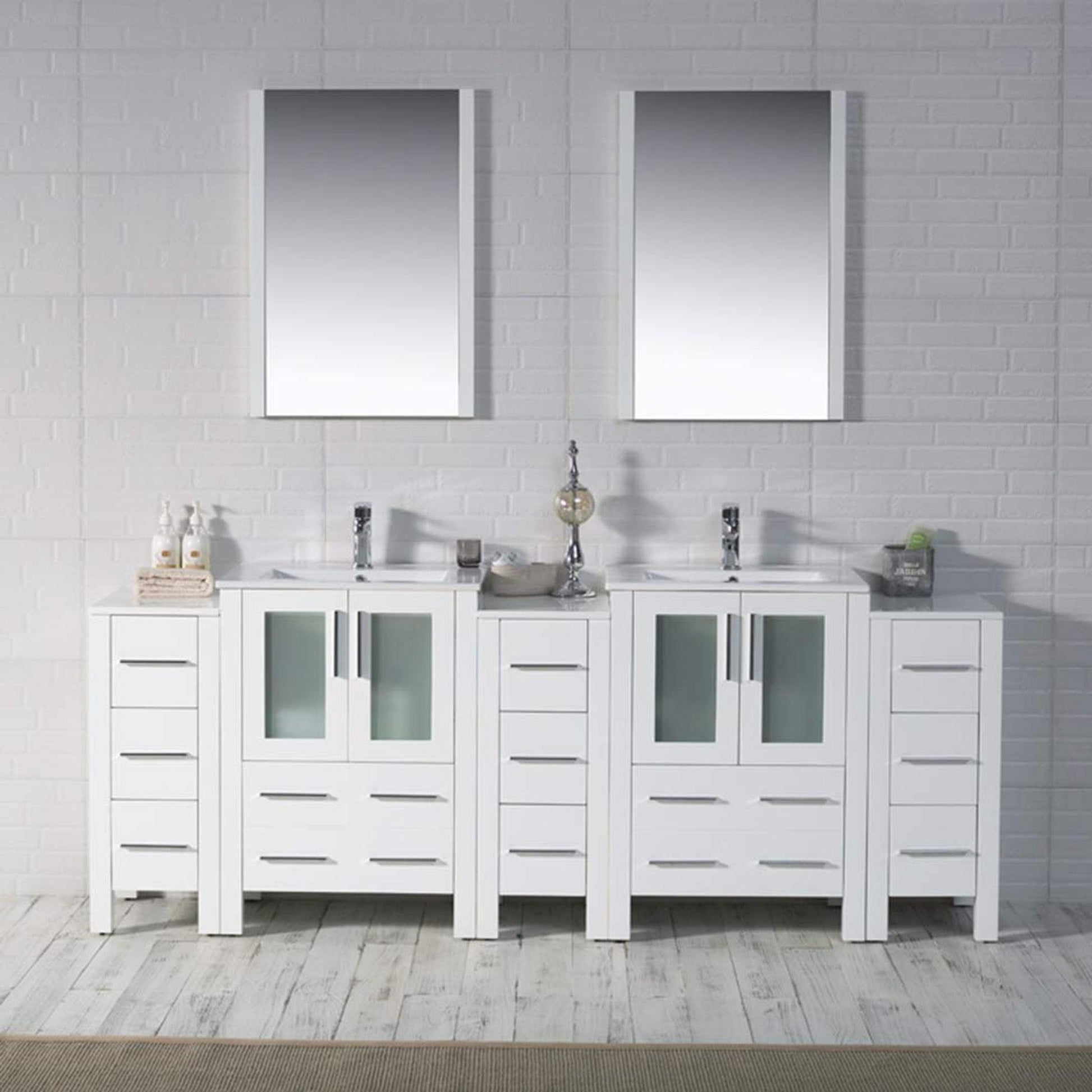 Blossom Sydney 84" White Freestanding Vanity With Ceramic Top, Integrated Double Sinks, Mirror and Three Side Cabinet