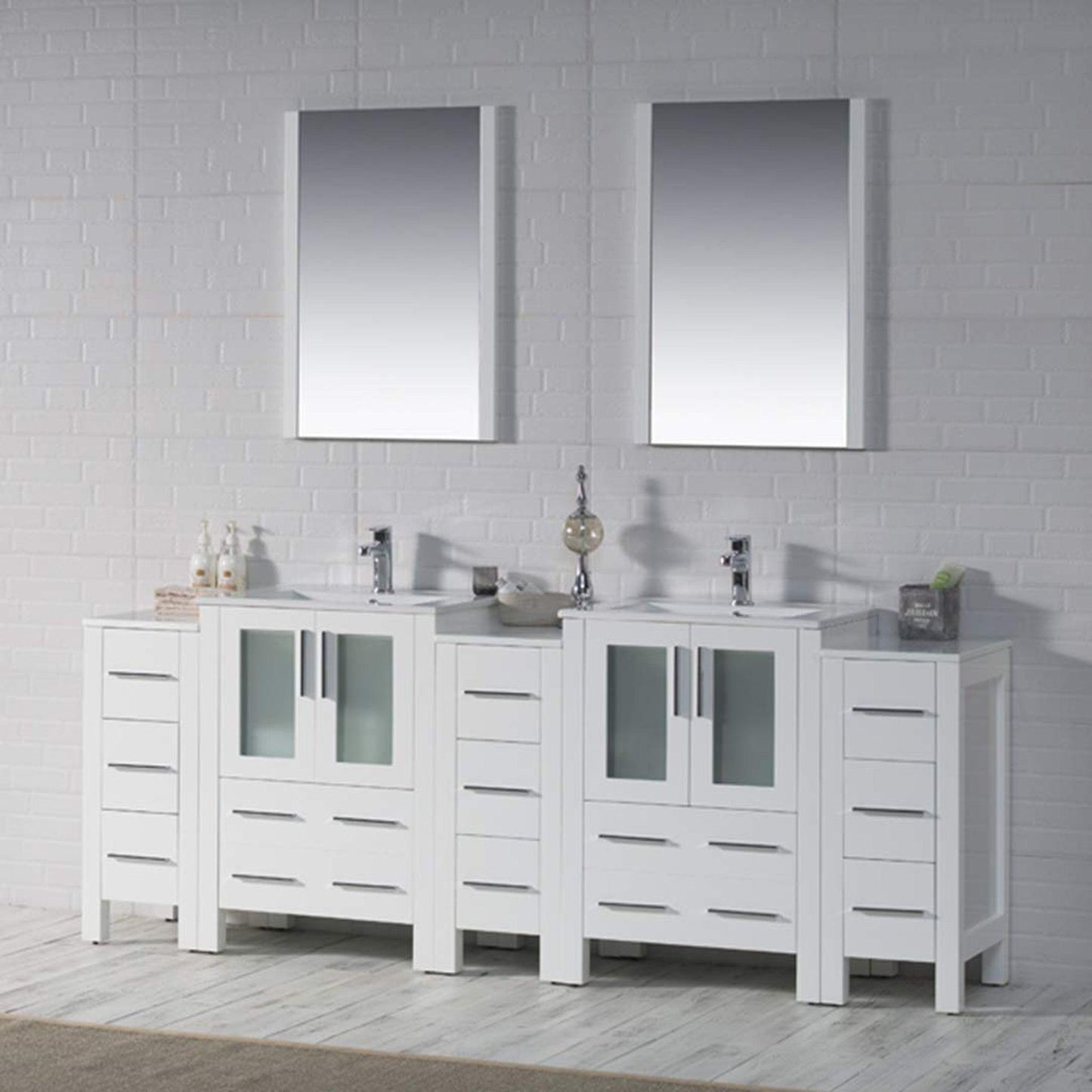 Blossom Sydney 84" White Freestanding Vanity With Ceramic Top, Integrated Double Sinks, Mirror and Three Side Cabinet