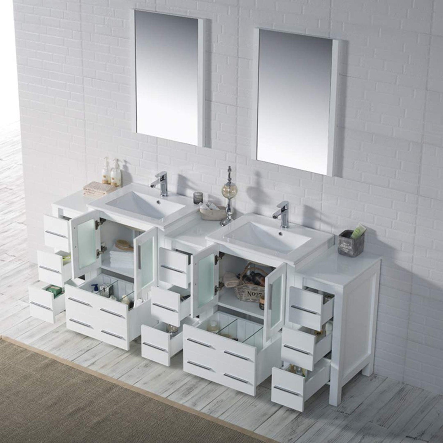 Blossom Sydney 84" White Freestanding Vanity With Ceramic Top, Integrated Double Sinks, Mirror and Three Side Cabinet