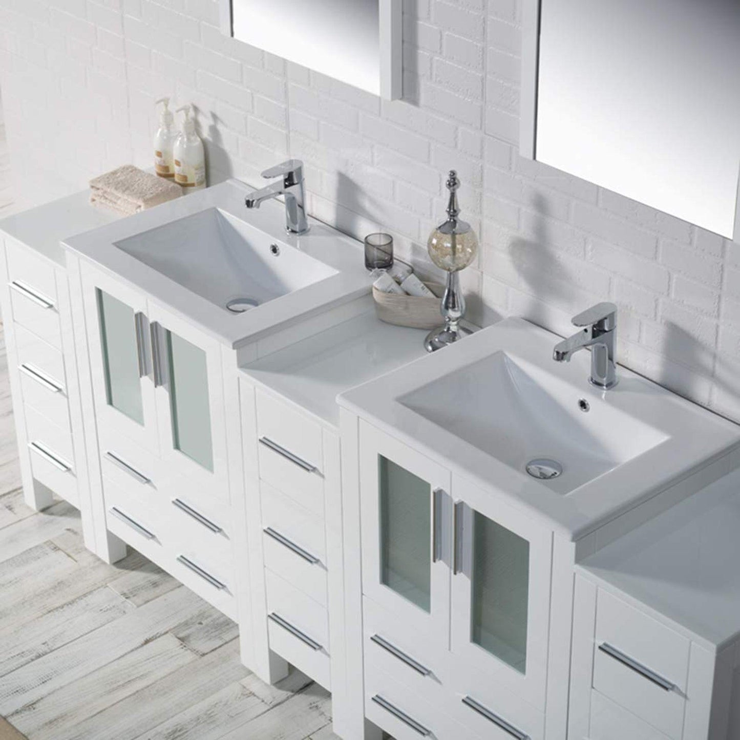 Blossom Sydney 84" White Freestanding Vanity With Ceramic Top, Integrated Double Sinks, Mirror and Three Side Cabinet