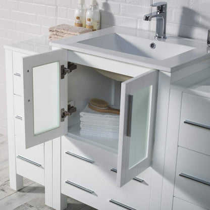 Blossom Sydney 84" White Freestanding Vanity With Ceramic Top, Integrated Double Sinks, Mirror and Three Side Cabinet