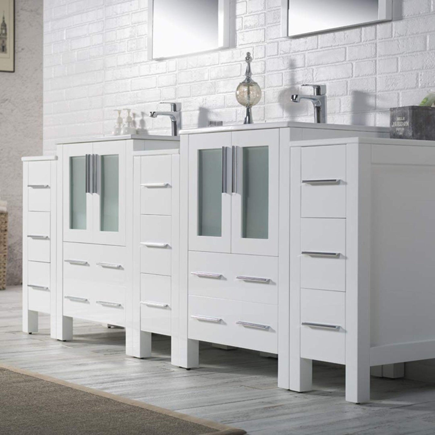 Blossom Sydney 84" White Freestanding Vanity With Ceramic Top, Integrated Double Sinks, Mirror and Three Side Cabinet