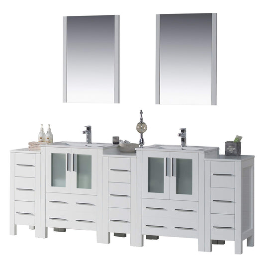 Blossom Sydney 84" White Freestanding Vanity With Ceramic Top, Integrated Double Sinks, Mirror and Three Side Cabinet
