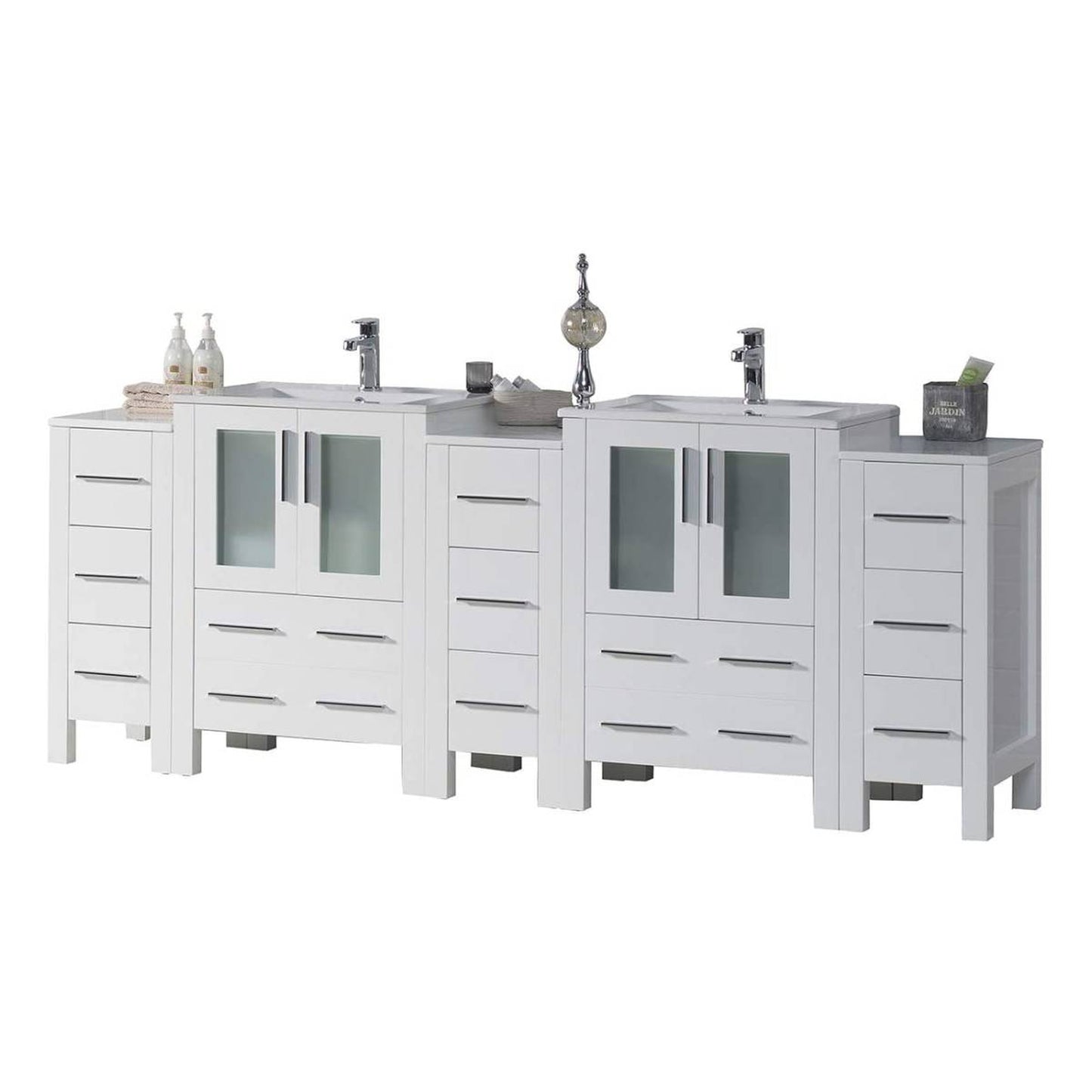 Blossom Sydney 84" White Freestanding Vanity With Integrated Double Sinks Ceramic Top and Three Side Cabinet