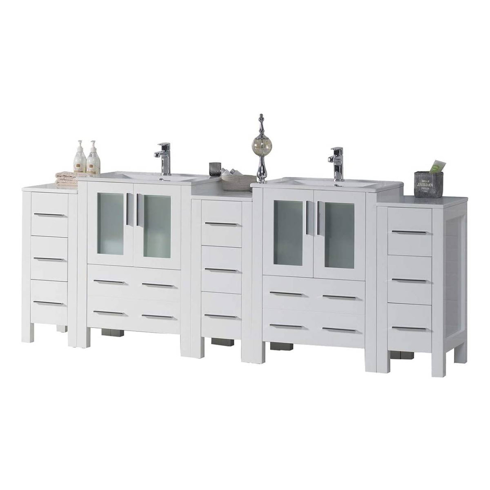 Blossom Sydney 84" White Freestanding Vanity With Integrated Double Sinks Ceramic Top and Three Side Cabinet