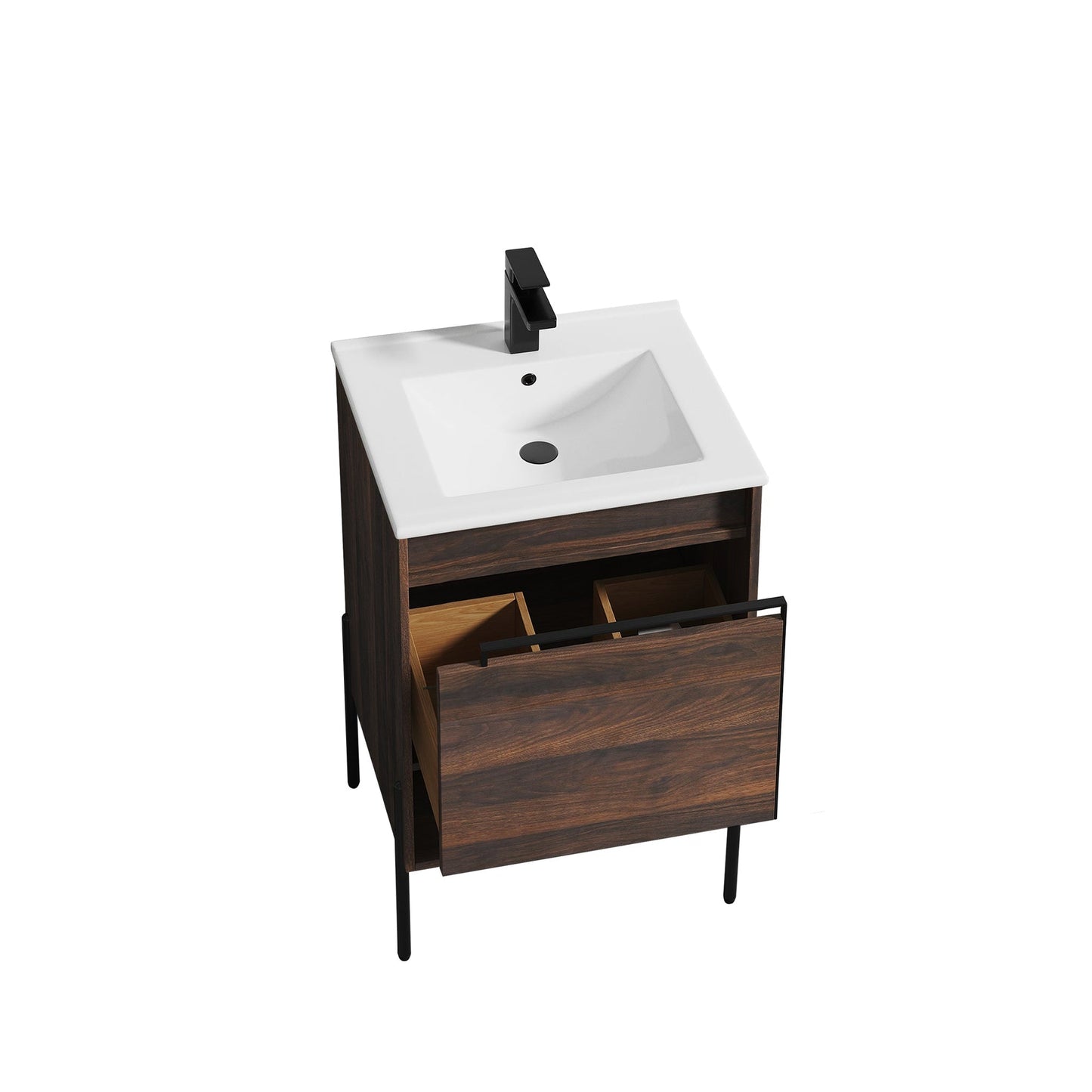 Blossom Turin 20" 1-Drawer Cali Walnut Freestanding Single Vanity Base With Open Shelf, Handle and Legs