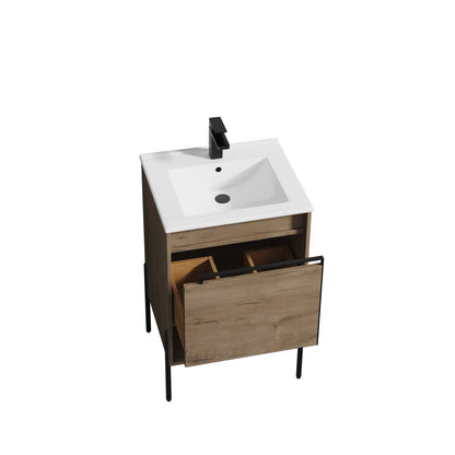 Blossom Turin 20" 1-Drawer Classic Oak Freestanding Single Vanity Base With Open Shelf, Handle and Legs