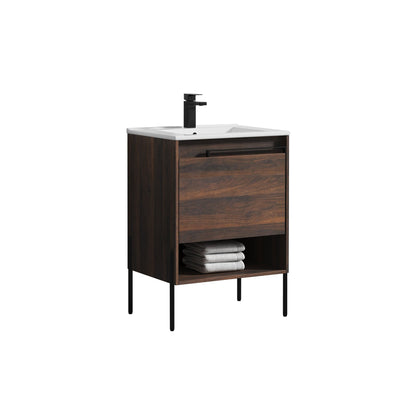 Blossom Turin 24" 1-Drawer Cali Walnut Freestanding Single Vanity Base With Open Shelf, Handle and Legs