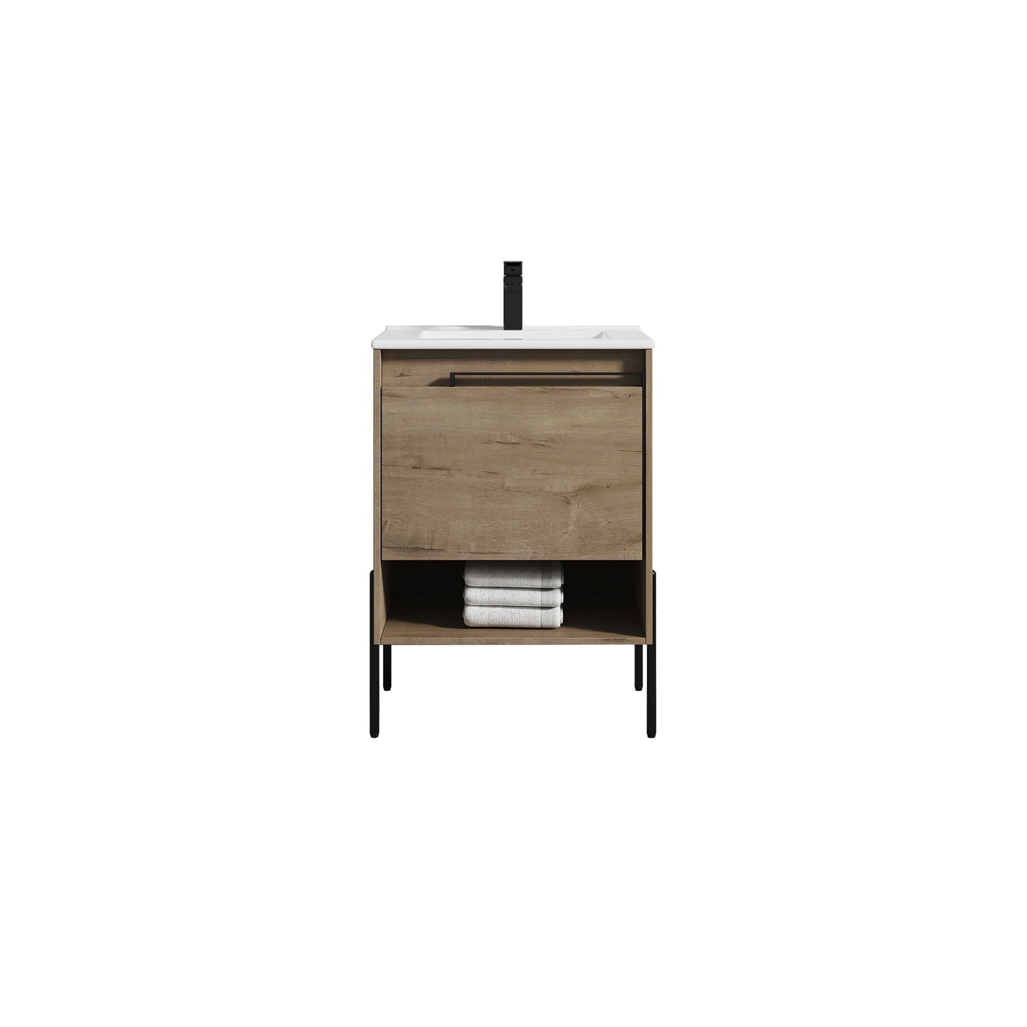 Blossom Turin 24" 1-Drawer Classic Oak Freestanding Single Vanity Base With Open Shelf, Handle and Legs