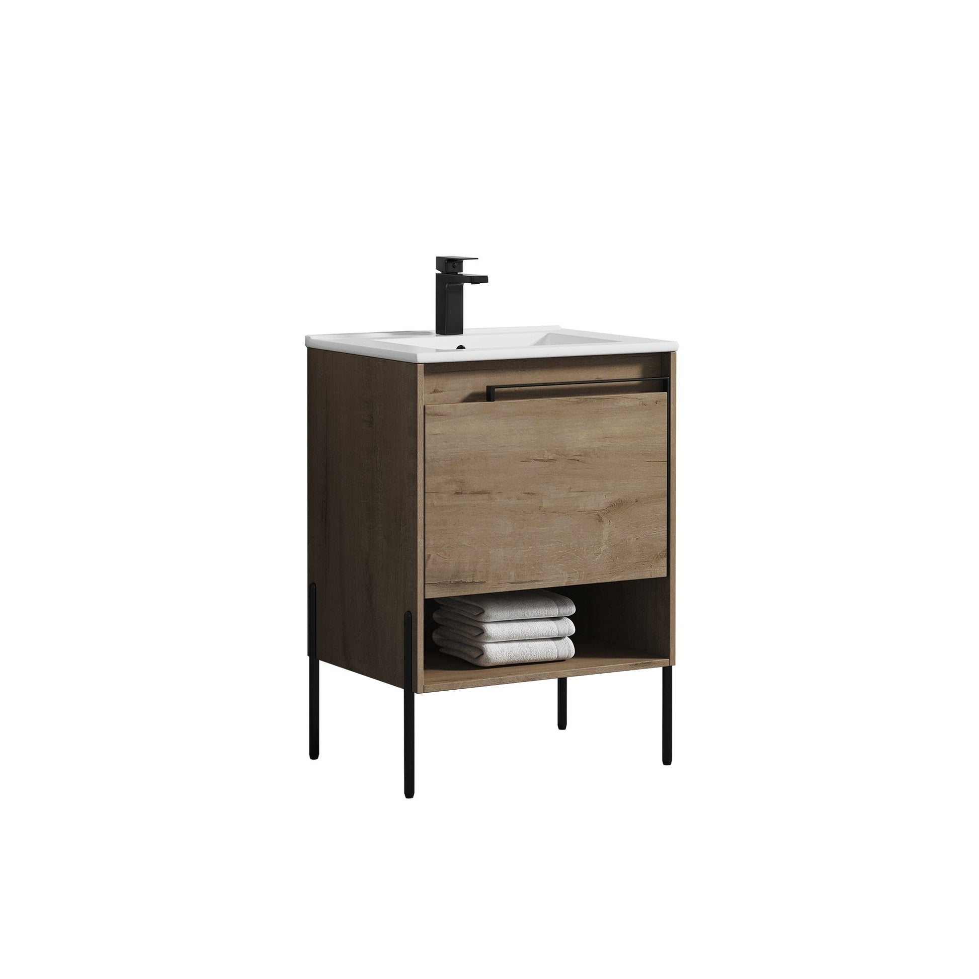 Blossom Turin 24" 1-Drawer Classic Oak Freestanding Single Vanity Base With Open Shelf, Handle and Legs