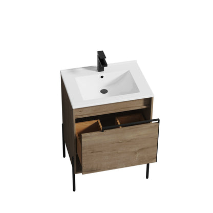 Blossom Turin 24" 1-Drawer Classic Oak Freestanding Single Vanity Base With Open Shelf, Handle and Legs