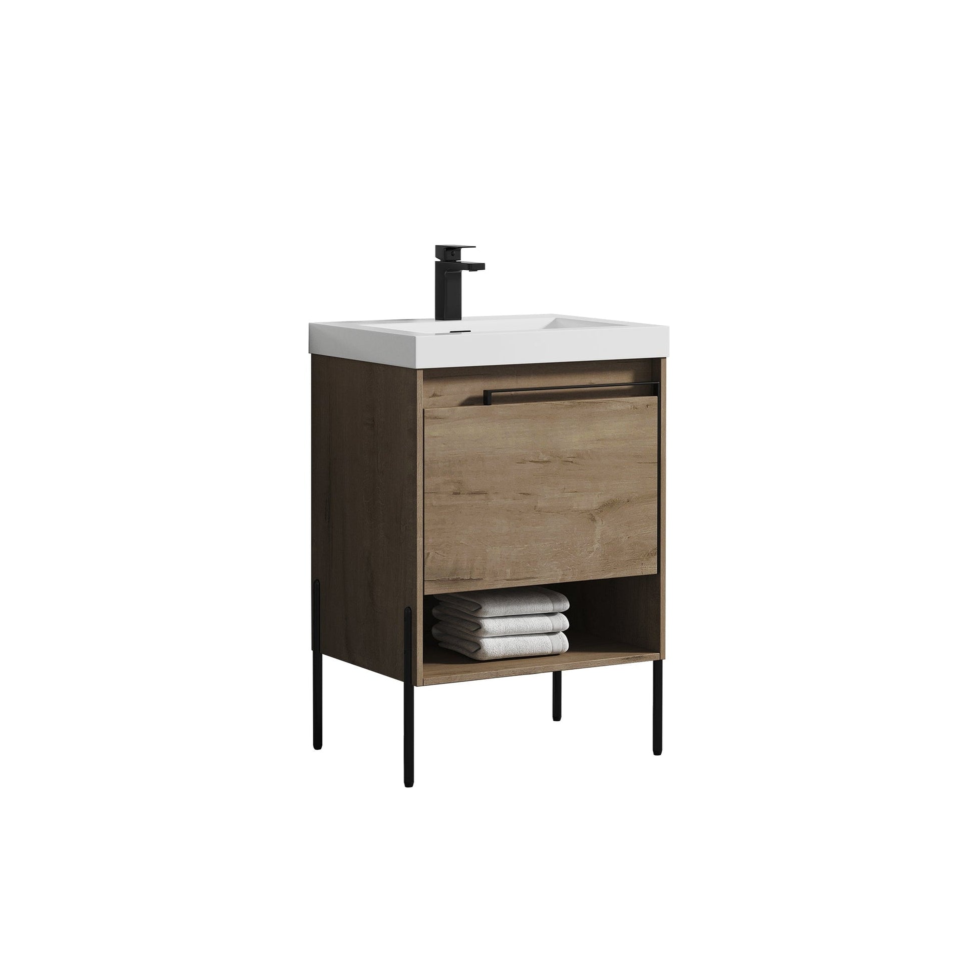 Blossom Turin 24" 1-Drawer Classic Oak Freestanding Single Vanity Base With Open Shelf, Handle and Legs