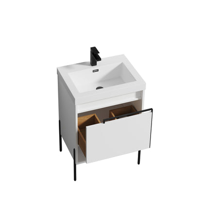 Blossom Turin 24" 1-Drawer Matte White Freestanding Single Vanity Base With Open Shelf, Handle and Legs