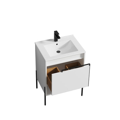 Blossom Turin 24" 1-Drawer Matte White Freestanding Single Vanity Base With Open Shelf, Handle and Legs