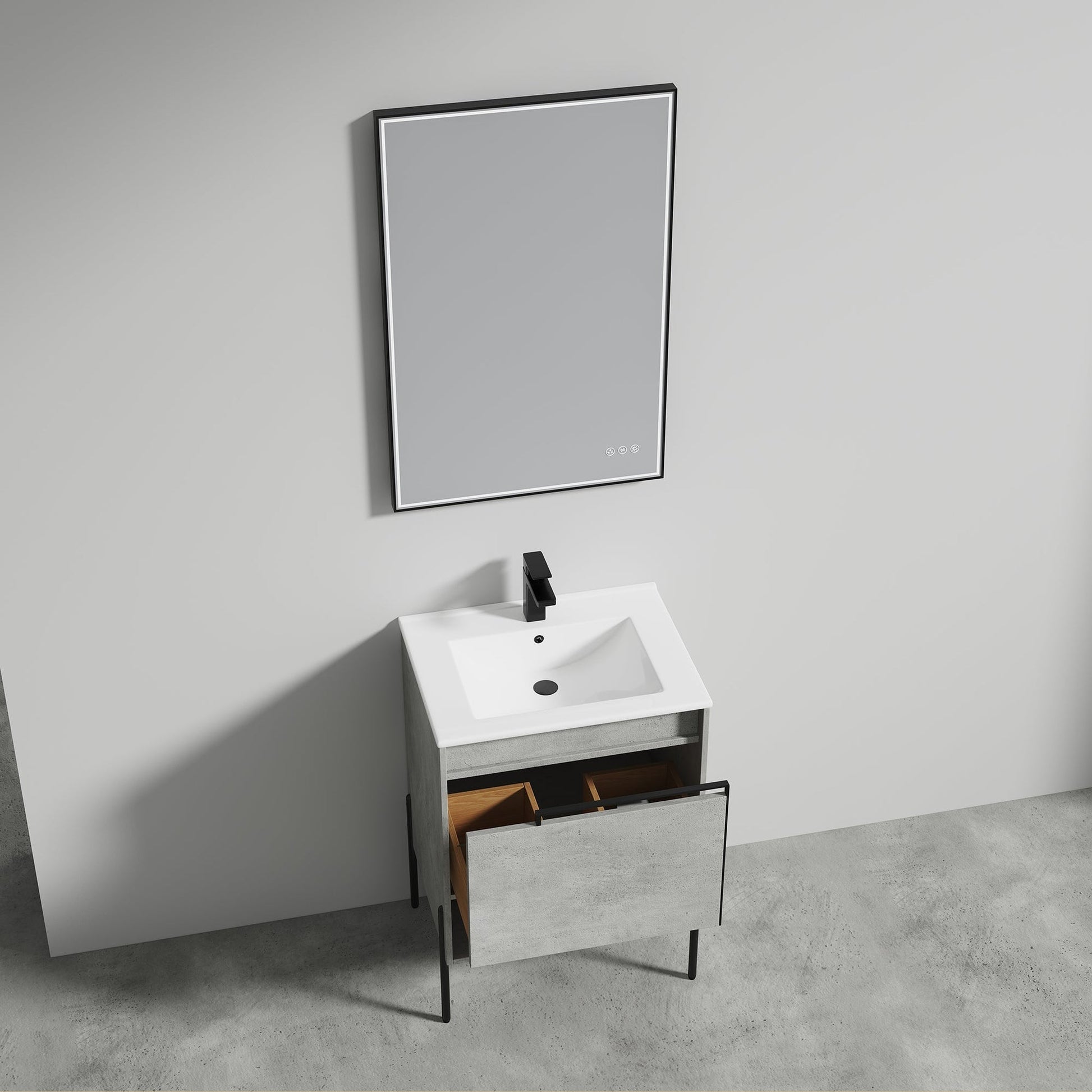 Blossom Turin 24" 1-Drawer Plain Cement Freestanding Single Vanity Base With Open Shelf, Handle and Legs