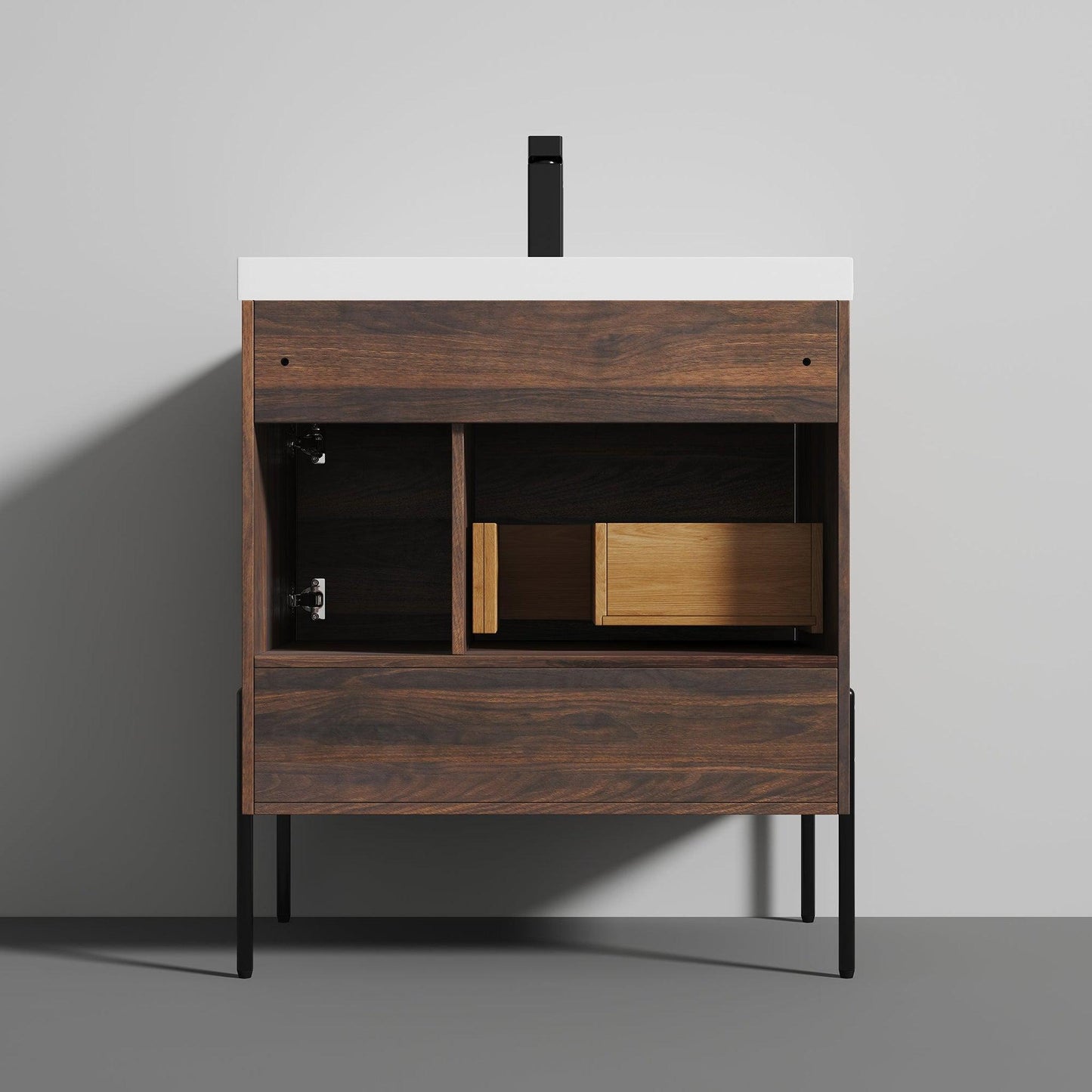 Blossom Turin 30" 1-Door 1-Drawer Cali Walnut Freestanding Single Vanity Base With Open Shelf, Handle and Legs