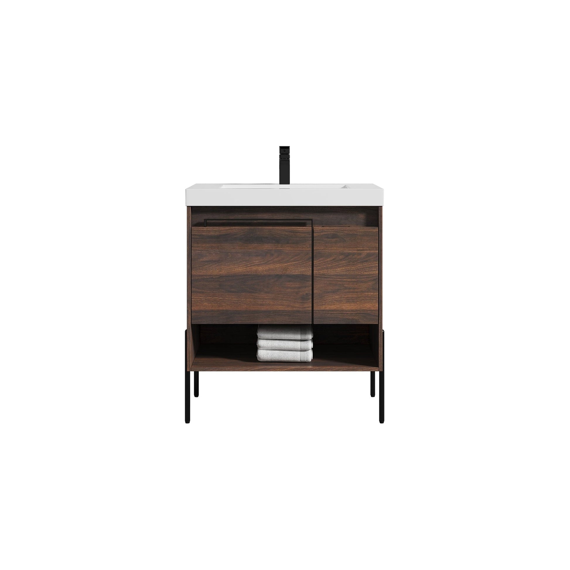 Blossom Turin 30" 1-Door 1-Drawer Cali Walnut Freestanding Single Vanity Base With Open Shelf, Handle and Legs