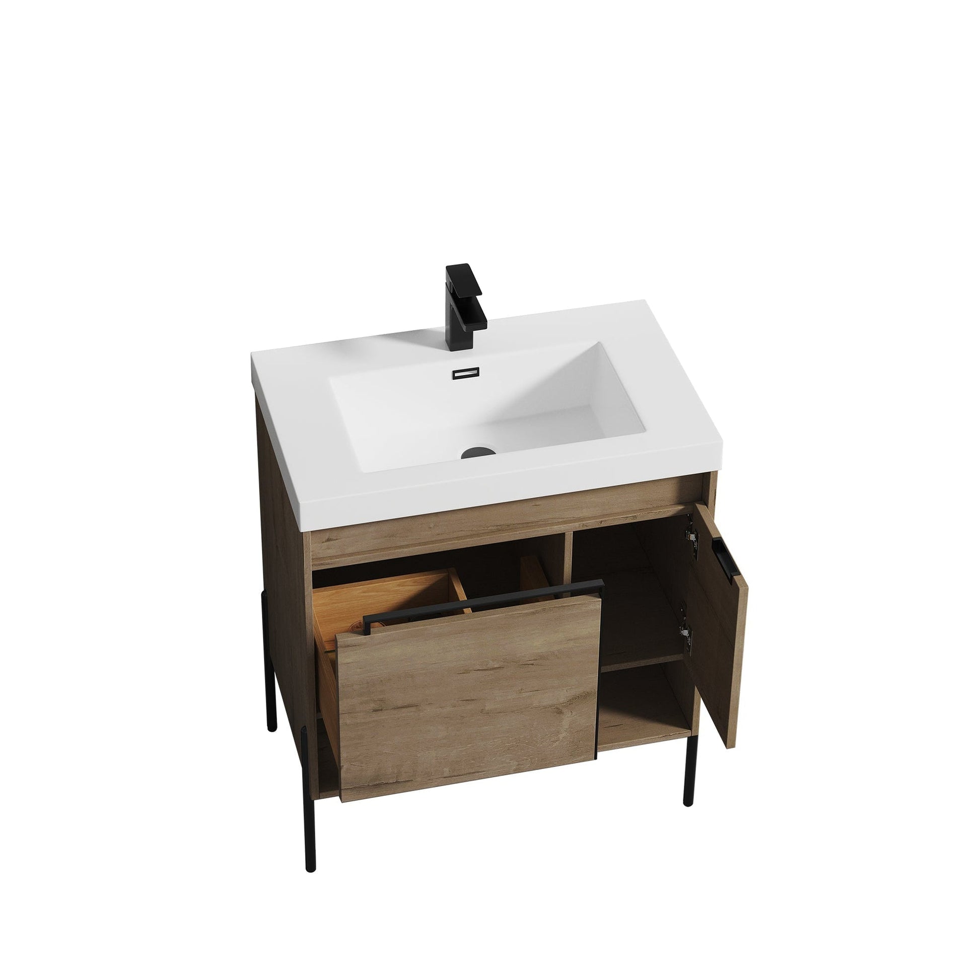 Blossom Turin 30" 1-Door 1-Drawer Classic Oak Freestanding Single Vanity Base With Open Shelf, Handle and Legs