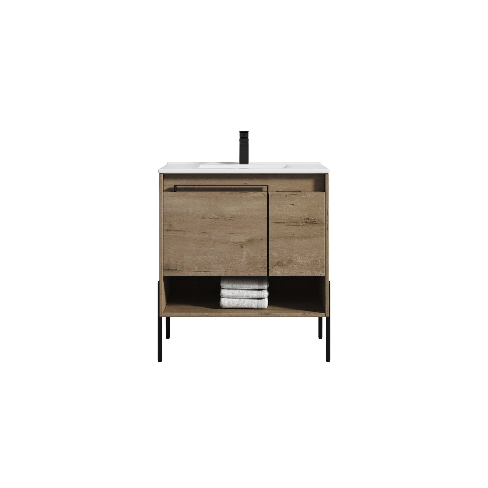 Blossom Turin 30" 1-Door 1-Drawer Classic Oak Freestanding Single Vanity Base With Open Shelf, Handle and Legs