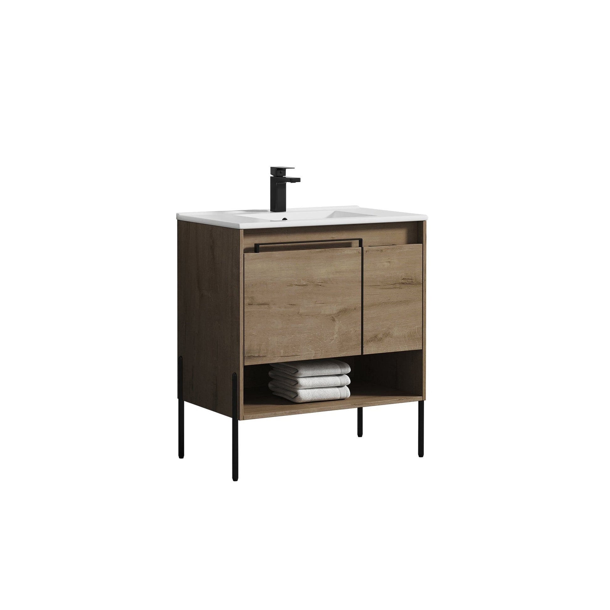 Blossom Turin 30" 1-Door 1-Drawer Classic Oak Freestanding Single Vanity Base With Open Shelf, Handle and Legs