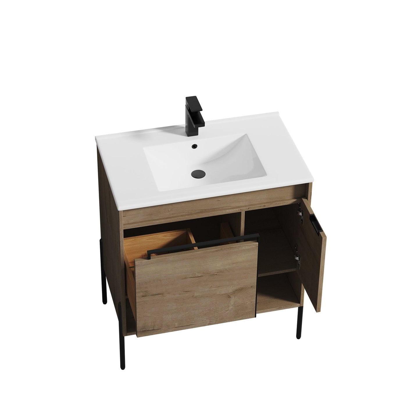 Blossom Turin 30" 1-Door 1-Drawer Classic Oak Freestanding Single Vanity Base With Open Shelf, Handle and Legs