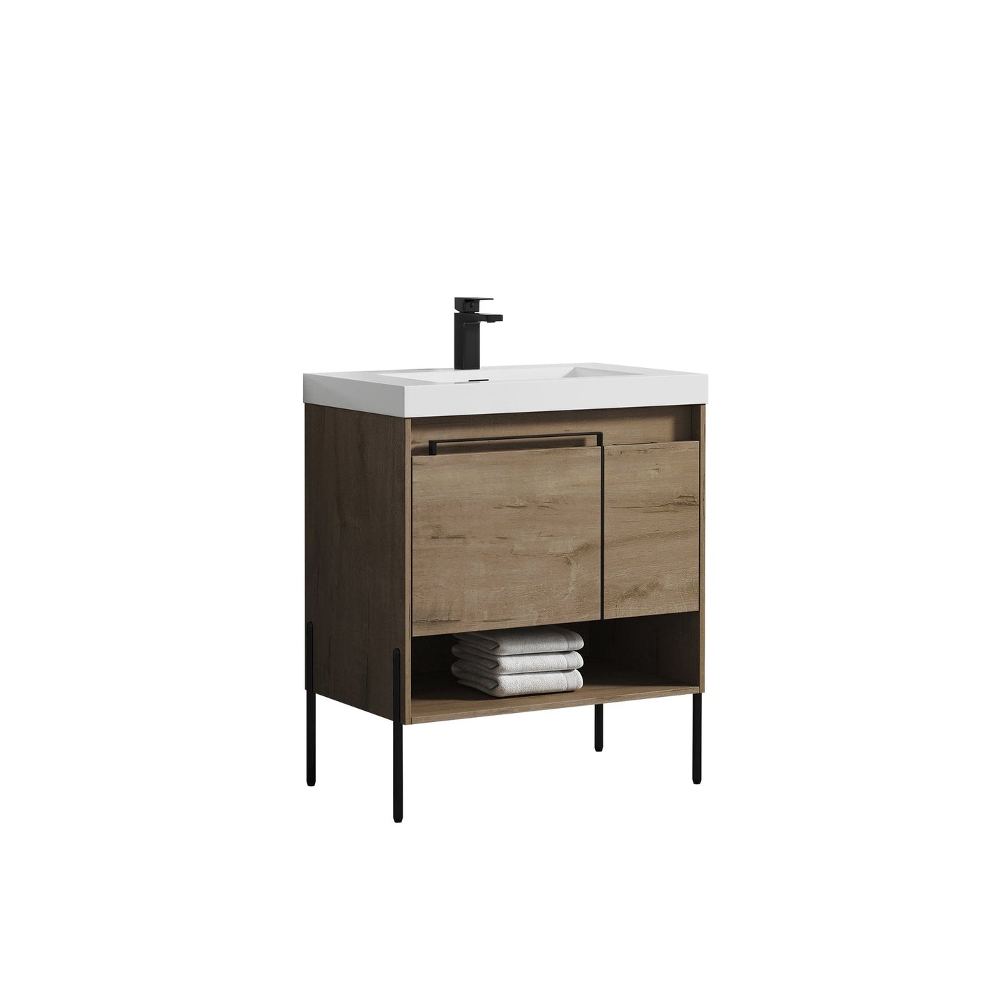 Blossom Turin 30" 1-Door 1-Drawer Classic Oak Freestanding Single Vanity Base With Open Shelf, Handle and Legs