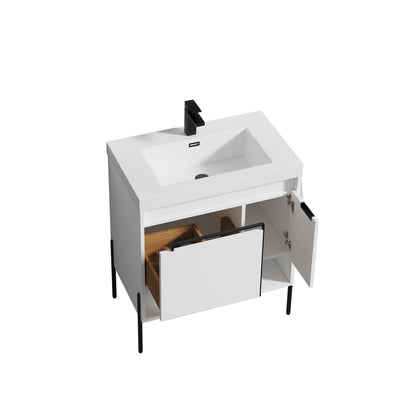 Blossom Turin 30" 1-Door 1-Drawer Matte White Freestanding Single Vanity Base With Open Shelf, Handle and Legs
