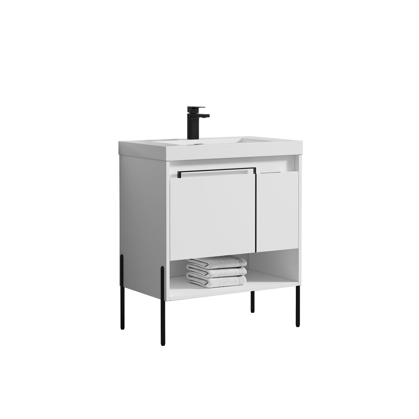 Blossom Turin 30" 1-Door 1-Drawer Matte White Freestanding Single Vanity Base With Open Shelf, Handle and Legs