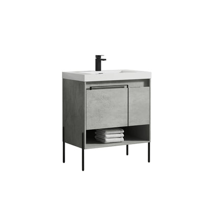 Blossom Turin 30" 1-Door 1-Drawer Plain Cement Freestanding Single Vanity Base With Open Shelf, Handle and Legs