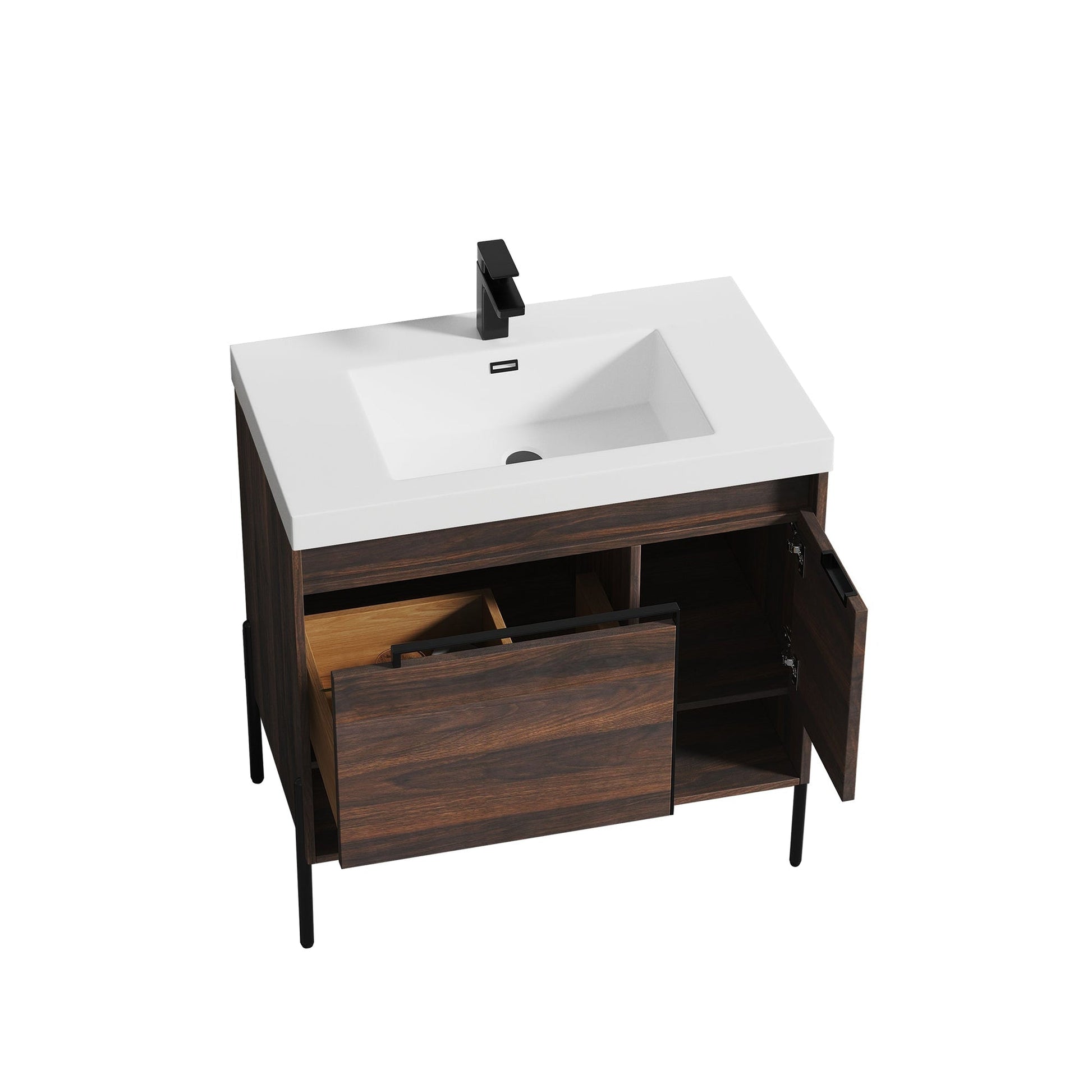 Blossom Turin 36" 1-Door 1-Drawer Cali Walnut Freestanding Single Vanity Base With Open Shelf, Handle and Legs