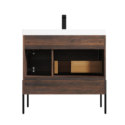 Blossom Turin 36" 1-Door 1-Drawer Cali Walnut Freestanding Single Vanity Base With Open Shelf, Handle and Legs