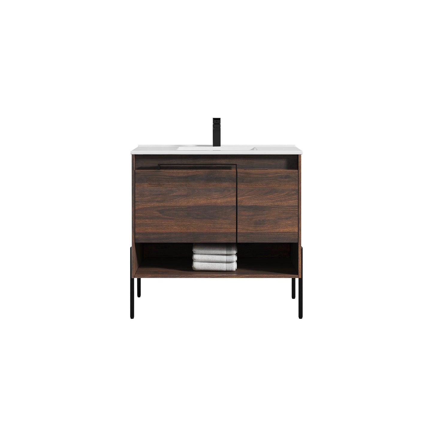 Blossom Turin 36" 1-Door 1-Drawer Cali Walnut Freestanding Single Vanity Base With Open Shelf, Handle and Legs