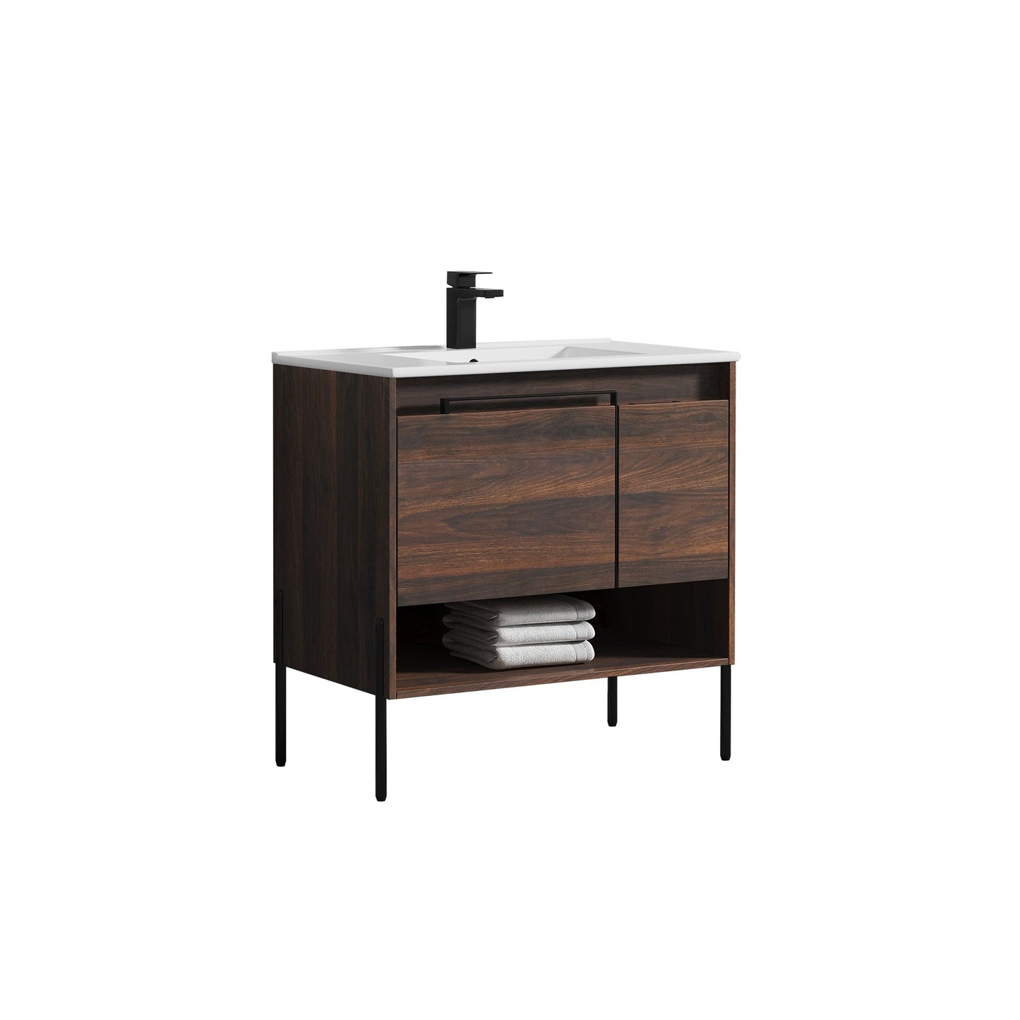 Blossom Turin 36" 1-Door 1-Drawer Cali Walnut Freestanding Single Vanity Base With Open Shelf, Handle and Legs