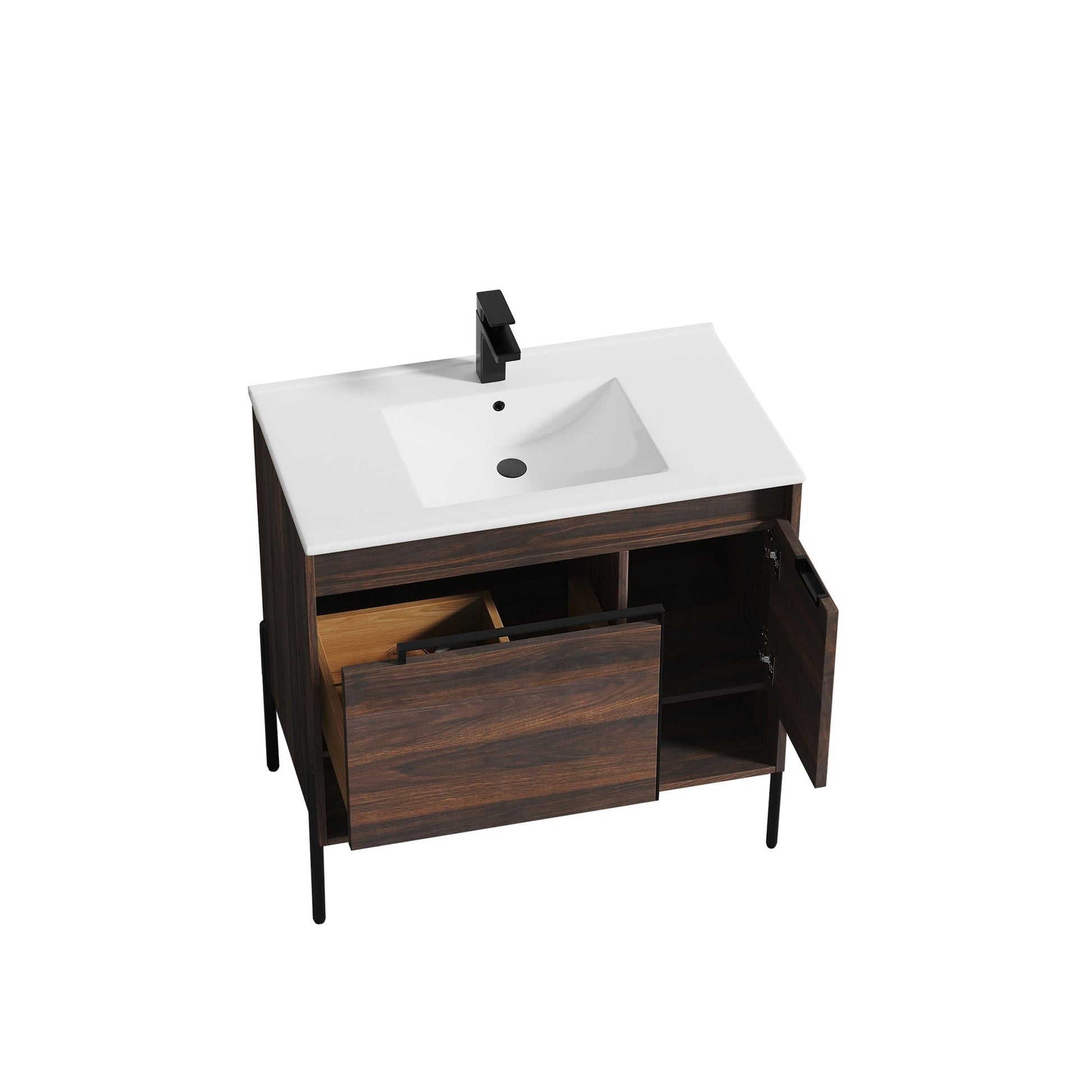 Blossom Turin 36" 1-Door 1-Drawer Cali Walnut Freestanding Single Vanity Base With Open Shelf, Handle and Legs